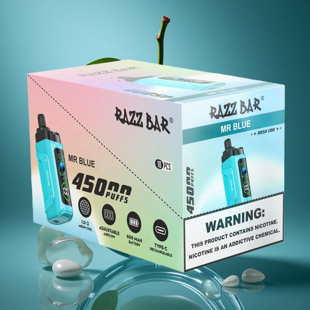 Razz Bar 45000 Puffs Engangs Vape Herr Blå Justerbar Luftstrøm 650 Mah Batteri wholesale Norway