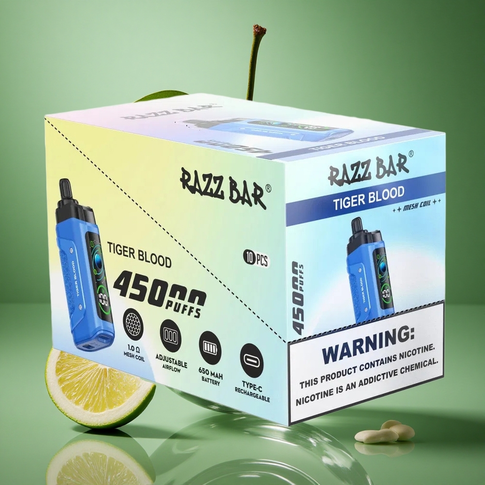 Razz Bar 45000 Puffs Tiger Blod Justerbar Luftstrøm 650 Mah Batteri wholesale Norway