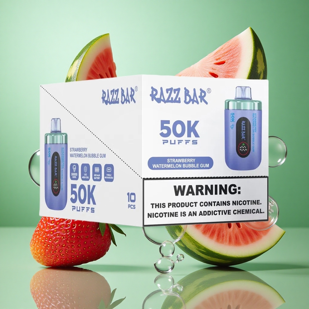 Razz Bar 50K Puffs Jordbær Vannmelon Tyggegummi 1.0 Ohm Mesh Coil Type-C Ladbar wholesale Norway